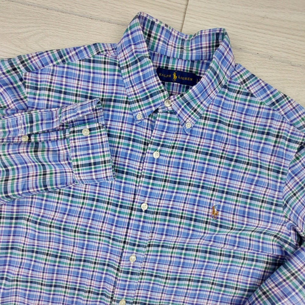 Ralph Lauren Button Down Shirt Mens Large Blue Green Plaid Flesh Pony Preppy Dad